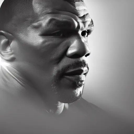 Image similar to a still of mike tyson, cinematic, 4 k, god rays through fog