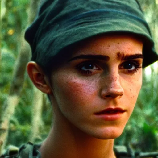 Image similar to film still, close up, portrait, emma watson soldier hiking through dense vietnam jungle, film still from apocalypse now ( 1 9 7 9 ), 2 6 mm, kodak ektachrome, blue tint ektachrome film,