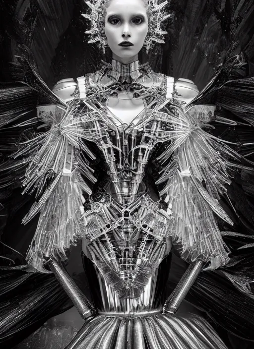 Prompt: portrait of beautiful female robot super model, perfect symmetrical pose, sharp, by irakli nadar with intricate detailed wearing silver victorian dress designed by alexander mcqueen and rocky gathercole, haunting, elite, elegant, ruan jia, dark, hyper detailed, concept art, intricate, detailed