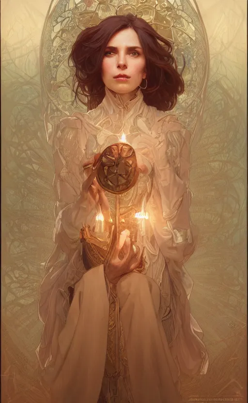 Image similar to portrait of a light witch, kind, loving, elegant, faithful, hopeful, intricate, headshot, highly detailed, digital painting, artstation, concept art, sharp focus, cinematic lighting, illustration, art by artgerm and greg rutkowski, alphonse mucha, cgsociety