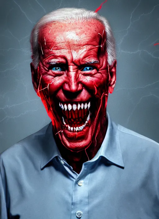 Image similar to hyper realistic ultra realistic horror terror dimensional photo furious glowing red eyes biden, high quality photo, detailed , 8k