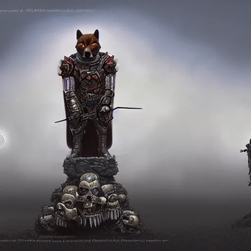 Image similar to anthropomorphic shiba inu, bismuth metal armor, anthropomorphic shiba inu, standing, cementary of skulls, fantasy 3 d render, masterpiece, red aura, by donato giancola and greg rutkowski and wayne barlow and zdzisław beksinski, realistic face