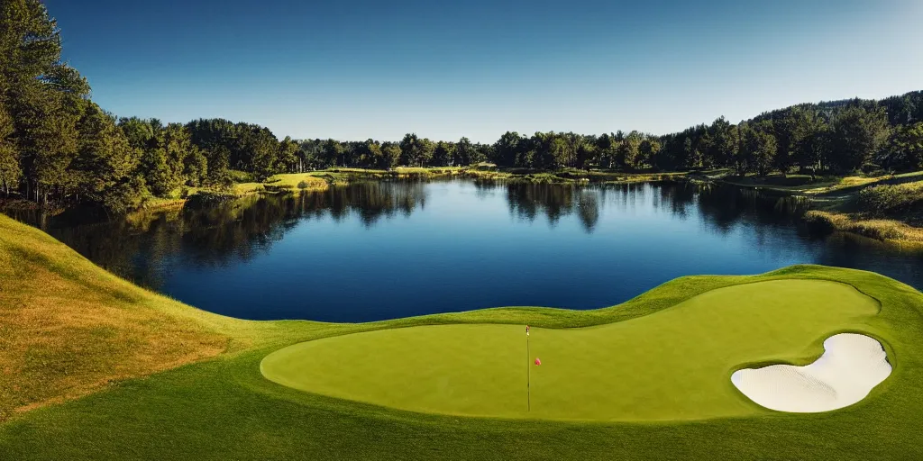 Image similar to a great photograph of the most amazing golf hole in the world completely surrounded by water, calm water, perfect light, ambient light, miniature, tilt shift lens, golf digest, top 1 0 0, fog