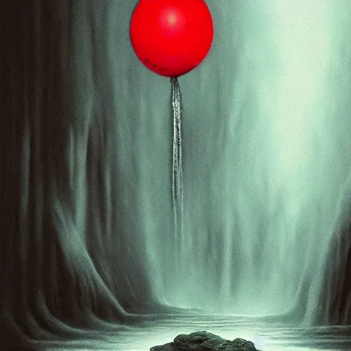 Image similar to grunge painting of a waterfall with a wide smile and a red balloon by Zdzisław Beksiński, loony toons style, pennywise style, corpse bride style, creepy lighting, horror theme, detailed, elegant, intricate, conceptual, volumetric light