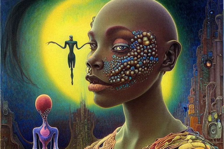 Image similar to realistic extremely detailed portrait painting of a beautiful black woman with an alien, city street on background by Jean Delville, Amano, Yves Tanguy, Ilya Repin, Alphonse Mucha, Ernst Haeckel, Edward Robert Hughes, Roger Dean, rich moody colours