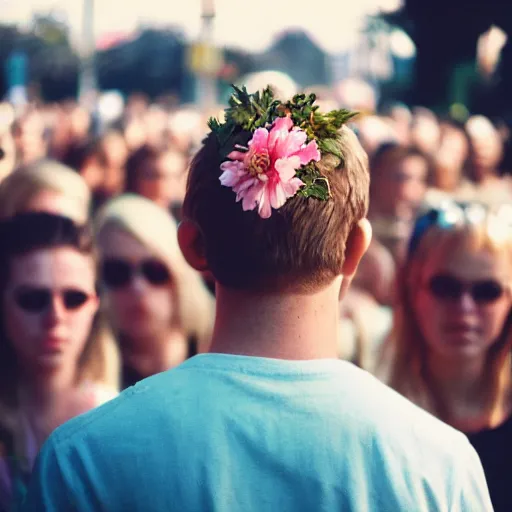 Image similar to kodak portra 4 0 0 photograph of a skinny blonde guy standing in a crowd, back view, flower crown, moody lighting, moody vibe, telephoto, 9 0 s vibe, blurry background, vaporwave colors, faded!,