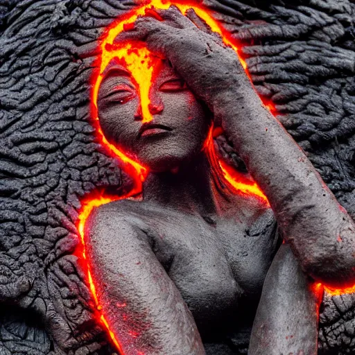 Image similar to beautiful lava human figure, exotic trees, bare bark, dark eyes, low angle mist, high octane, frostbite, 8 k, cinematic, 3 5 mm