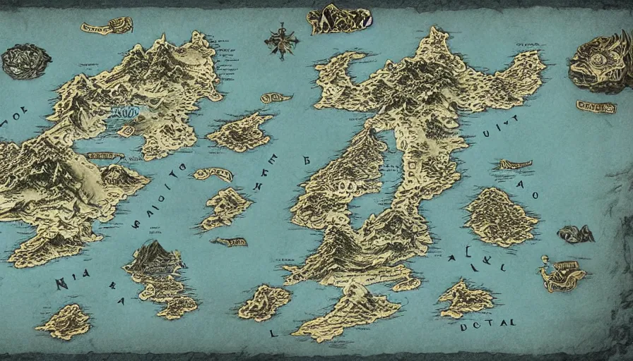 Prompt: very detailed and realistic map of Middle-earth, trending on artstation