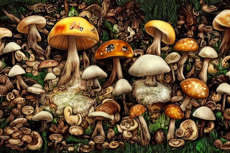 Image similar to the cycle of life shown through mushrooms, birth life aging death, love hate god devil, heaven hell,