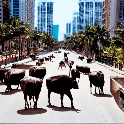 Image similar to one thousand buffaloes in the street, miami, miami vice
