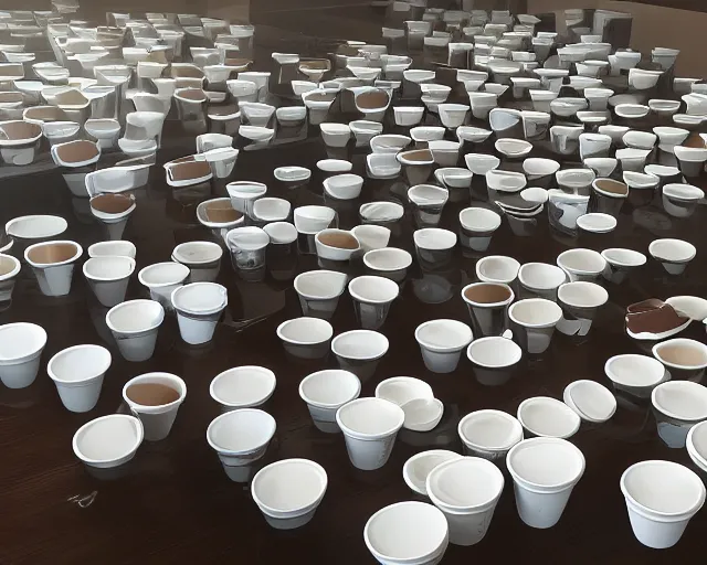 Prompt: office flooded by coffee cups