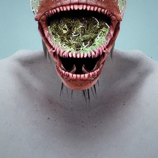 Prompt: a sentient alien from a newly discovered planet. angular jaw, open mouth, large canine teeth and it's throat is covered in spiny hairs, it's smooth bioluminescent skin is splattered by brown freckles on its cheeks, middle aged, hunter gatherer, portrait photograph, beautiful, poster, hyperrealistic