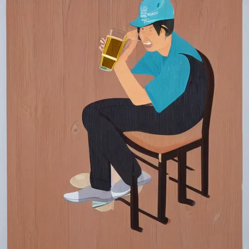 Image similar to a man happily drinks beer by Kimitake Yoshioka.