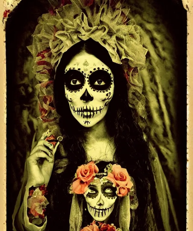 Image similar to tintype virgin mary in dia de muertos dress and make up, horrific beautiful vibe, evocative, atmospheric lighting, painted, intricate, highly detailed,