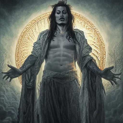 Image similar to photorealistic johnny depp as god in the style of michael whelan and gustave dore. hyperdetailed photorealism, 1 0 8 megapixels, amazing depth, glowing rich colors, powerful imagery, psychedelic overtones, 3 d finalrender, 3 d shading, cinematic lighting, artstation concept art