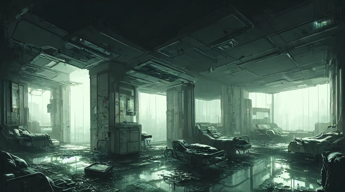 Prompt: post apocalyptic room interior, hospital interior, human silhouette, furniture, interior decoration, by pascal blanche, neil blevins, trending on artstation, photorealistic, hyper detailed, hyper realistic, cyberpunk