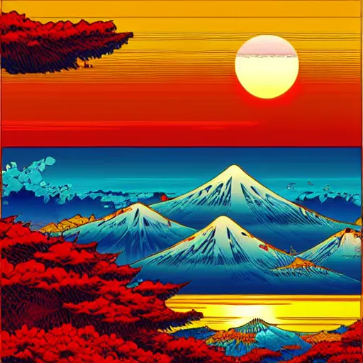 Prompt: A stunning japon rising sun, in the style of Dan Mumford, manga style, vibrant, amazing cel-shaded oceanic masterpiece.