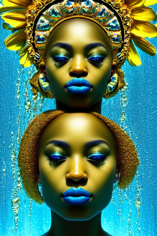 Image similar to hyperrealistic precisionist cinematic very expressive! oshun goddess, water mirror dripping droplet!, gold flowers, highly detailed face, digital art masterpiece, smooth eric zener cam de leon, dramatic pearlescent turquoise light on one side, low angle uhd 8 k, shallow depth of field