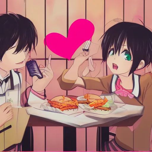 Image similar to a girl and her boyfriend eating a fast food restaurant, there are pink hearts around their heads, an anime drawing by Jin Homura, featured on pixiv, neo-romanticism, anime, pixiv, deviantart hd