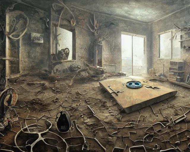 Prompt: a painting of a confusing room filled with unusual artifacts, an airbrush painting by breyten breytenbach, cgsociety!, neo - primitivism, dystopian art,! apocalypse landscape!!