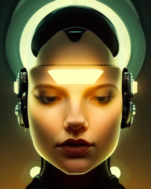 Image similar to symmetry!! centered head on, closeup portrait of a girl with thoughts floating around her, sci - fi -, cyberpunk, blade runner, glowing lights, tech, biotech, techwear!! intricate, elegant, highly detailed, digital painting, artstation, concept art, smooth, sharp focus, illustration, art by artgerm and greg rutkowski and alphonse mucha