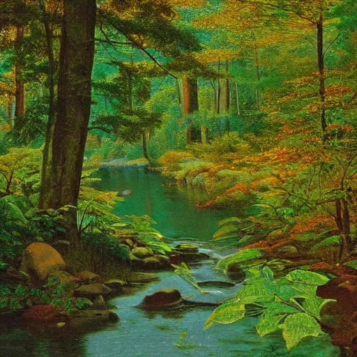 Image similar to a river running through a lush green forest, a jigsaw puzzle by shirley teed, featured on flickr, hudson river school, photo taken with ektachrome, creative commons attribution, photo taken with provia