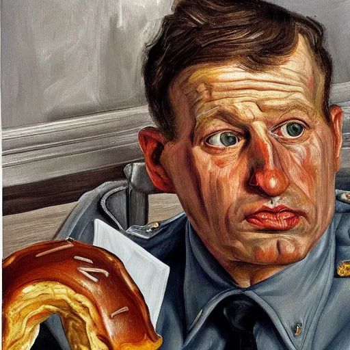 Image similar to high quality high detail painting by lucian freud, hd, portrait of a cop eating a donut, photorealistic lighting