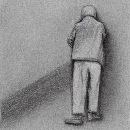 Image similar to the drawn man in jacket looks out into the black endless distance in the rain. pencil sketch