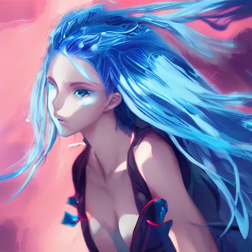 Image similar to advanced digital anime art, WLOP, RossDraws and Sakimichan, female water shaman with blue hair like waves and blue eyes smiling , SFW version —H 1024