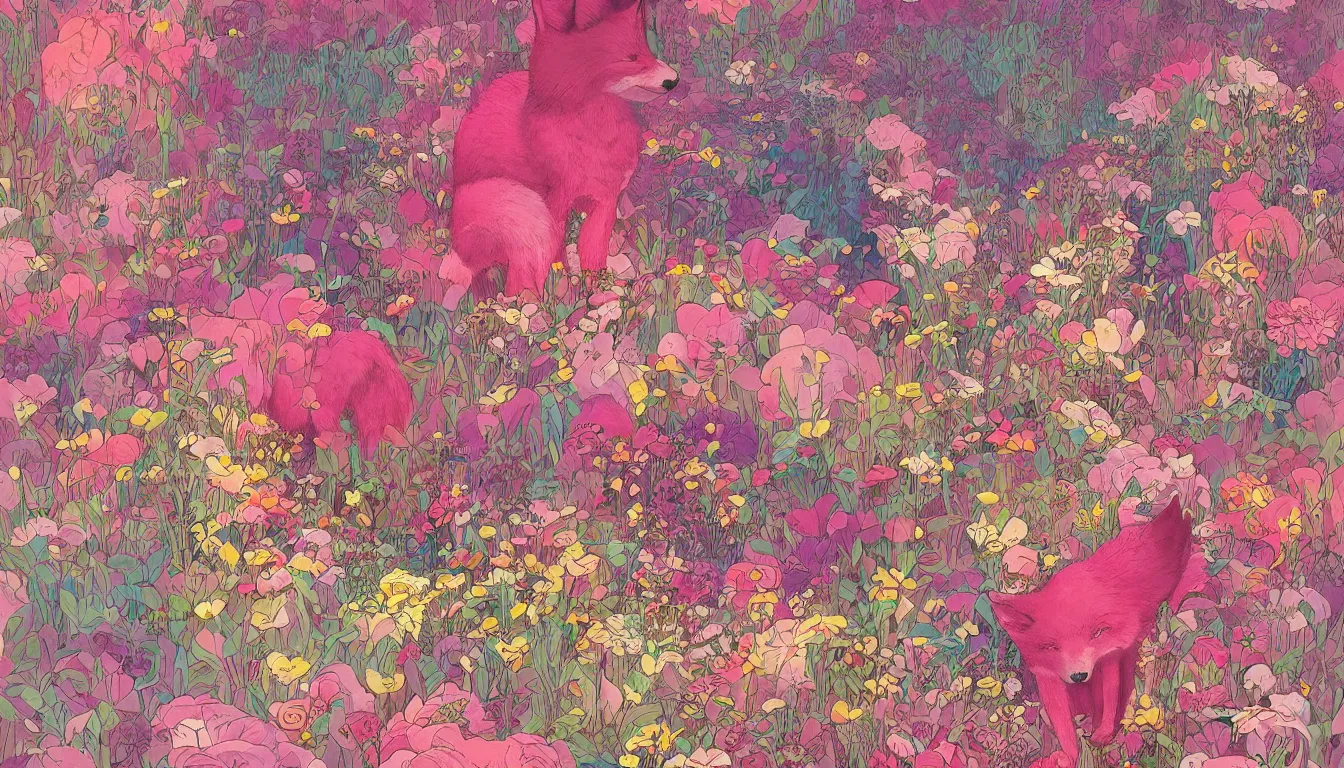 Prompt: pink fox head popping out of a field of multi colored flowers by kilian eng, victo ngai, josan gonzalez