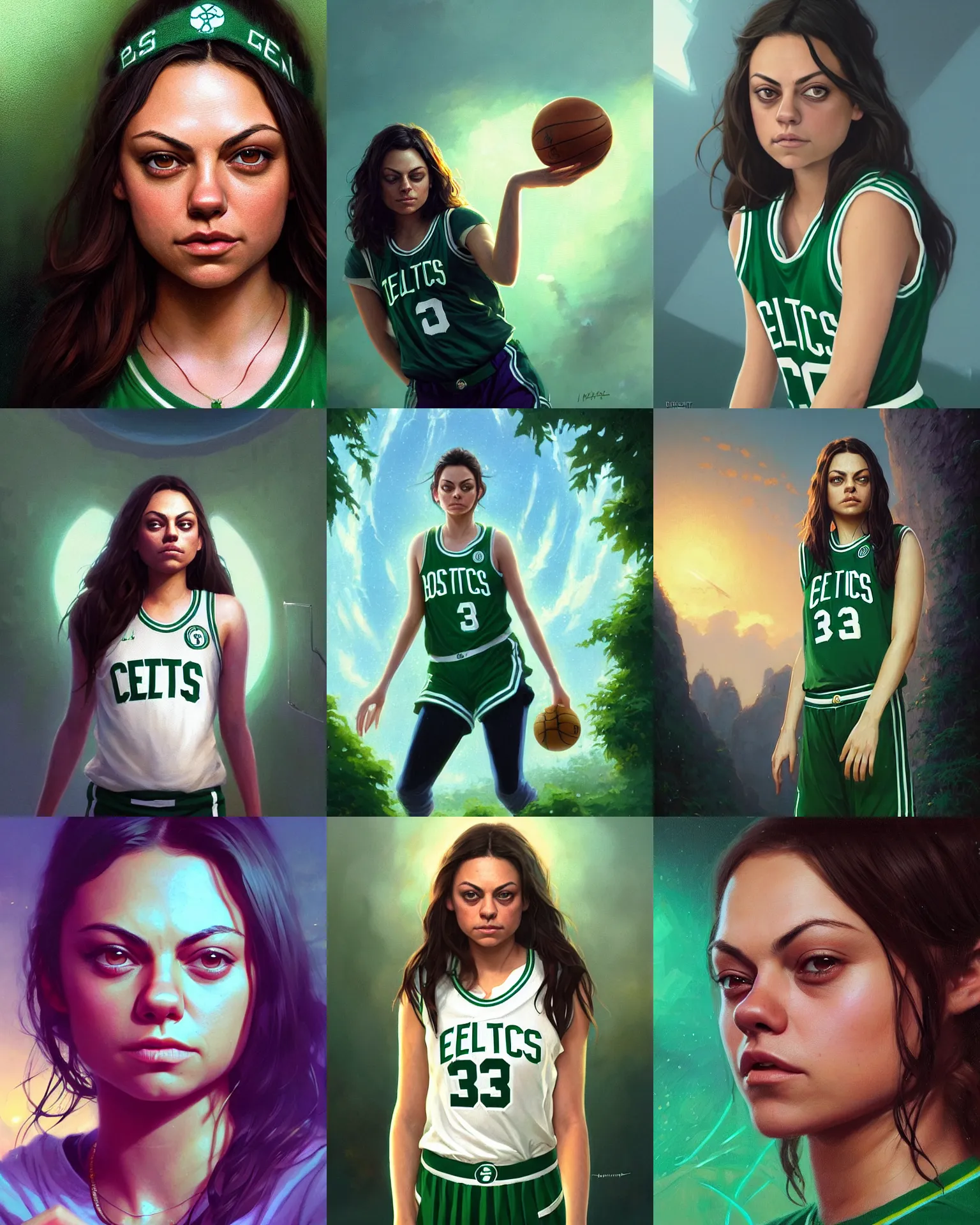 Prompt: mid - range portrait of teen mila kunis wearing boston celtics uniform, stephen bliss, unreal engine, fantasy art by greg rutkowski, loish, rhads, ferdinand knab, makoto shinkai and lois van baarle, ilya kuvshinov, rossdraws, tom bagshaw, global illumination, fan art, radiant light, detailed and intricate environment