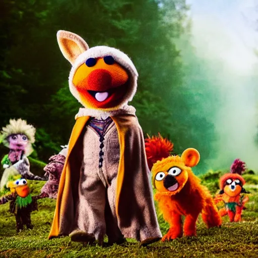 Image similar to a chibi foxfolk muppet druid wearing a hooded cloak with a small herd of random muppet animals following behind, sesame street, photograph, photography, ultrarealistic, national geographic