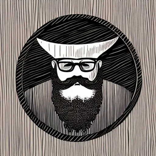 Prompt: bearded nerd turns bowl using woodlathe, vector art, monochromatic