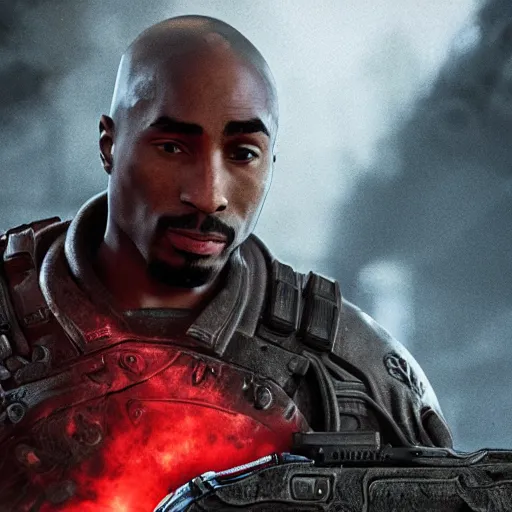 Image similar to Portrait of tupac shakur in Gears of War, splash art, movie still, cinematic lighting, dramatic, octane render, long lens, shallow depth of field, bokeh, anamorphic lens flare, 8k, hyper detailed, 35mm film grain