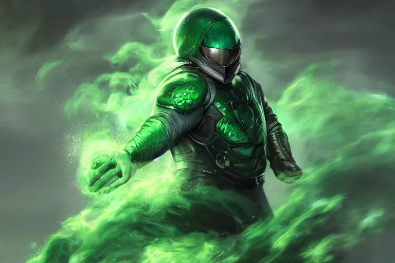 Image similar to Mysterio emerging from a cloud of green smoke, trending on Artstation, HD wallpaper, 4k, photorealistic, digital art, painted by Bayard Wu