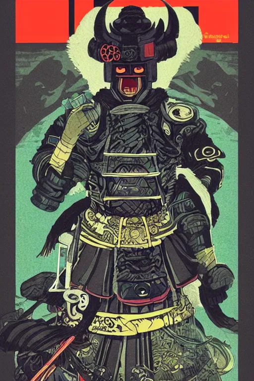 Image similar to 1 9 7 9 omni magazine cover of hiroyuki sanada in a samurai hat and oni mask. simple stylized cyberpunk photo by josan gonzalez.