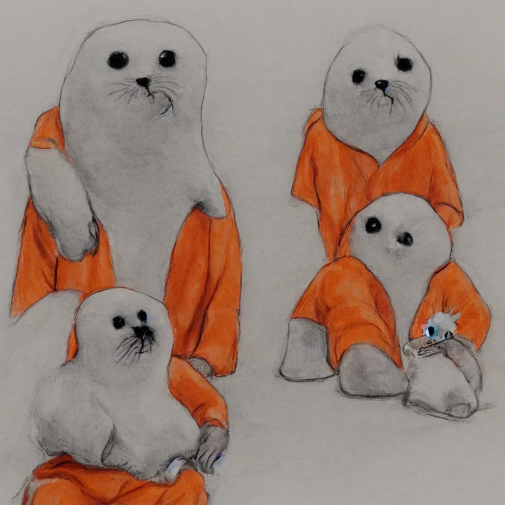 Image similar to a baby harp seal in an orange prisoner jumpsuit, dressed as a prisoner, sitting next to his lawyer in court, courtroom sketch