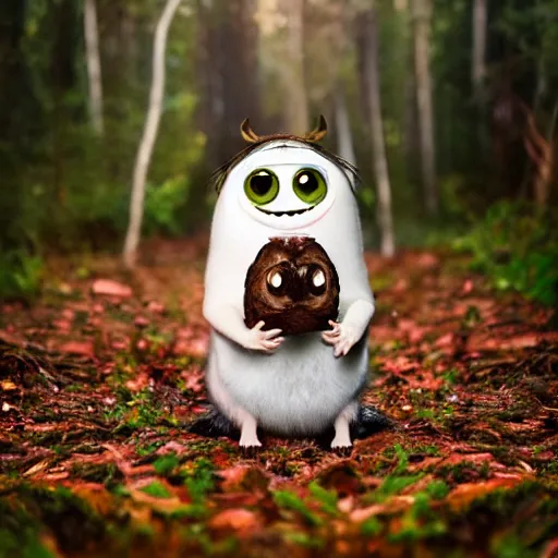Image similar to a cute little monster with big eyes, portrait, pixar style, forest background, cinematic lighting, award winning creature portrait photography