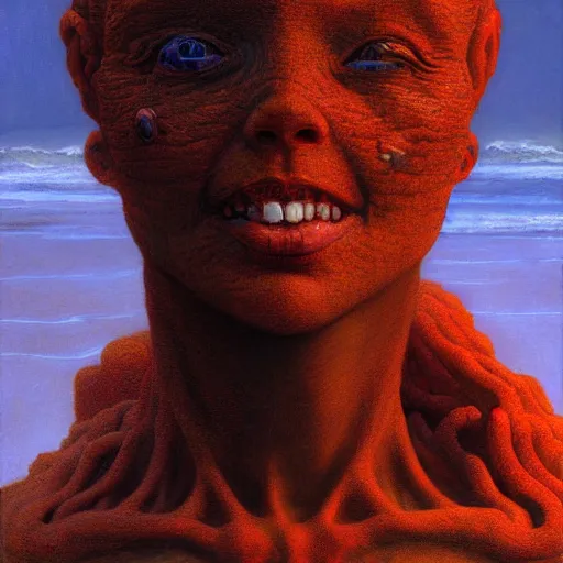 Image similar to face portrait, rocky shore, alien woman, glowing red, by edgar maxence and ross tran, zdzisław beksinski, and michael whelan, distant, gustav dore, h. r. giger, 8 k, octane render