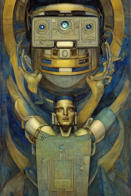 Image similar to the robot wearing his electric crown stands by the window at midnight , by Annie Swynnerton and Diego Rivera and Elihu Vedder, symbolist, dramatic lighting, elaborate geometric ornament, Art Brut, soft blues and greens,smooth, sharp focus, extremely detailed, Adolf Wölfli and Evelyn De Morgan