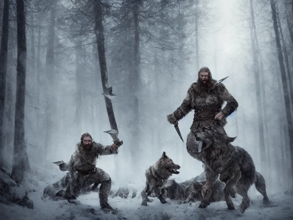 Prompt: epic portrait an male viking fighting with an wolf during blizzardy winter weather, blurry forest backround, brutal, digital painting, artstation, concept art, soft light, hdri, smooth, sharp focus, illustration, fantasy, intricate, elegant, highly detailed, D&D, matte painting, in the style of Greg Rutkowski and Alphonse Mucha and artemisia, 8k, highly detailed, jurgens, rutkowski, bouguereau, pastoral, rustic, georgic, detailed concept art, illustration, colorful pastel, painting, detail, ultra detailed, digital art, 4K,