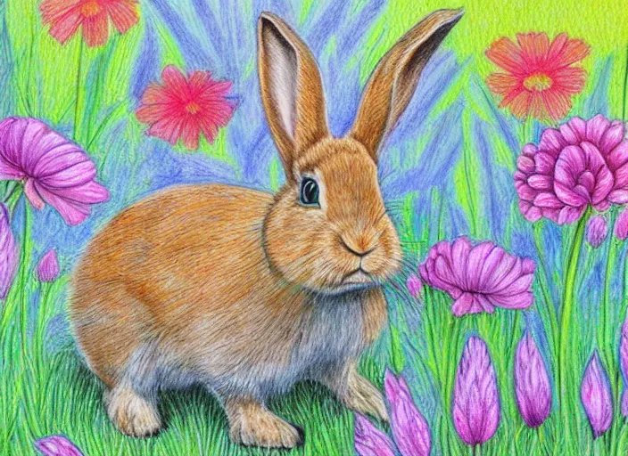 Image similar to rabbit, flowers, serene, happy, artwork, colored pencil, detailed, stylized