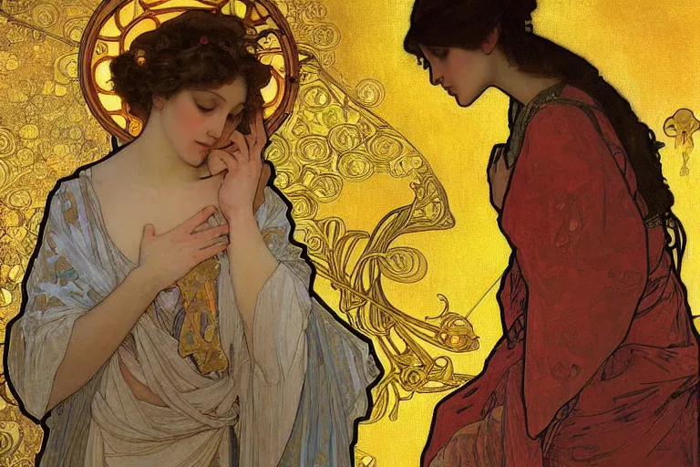 Prompt: the annunciation oil painting by alphonse mucha and gustav klimt gold leaf, intricate detailed,