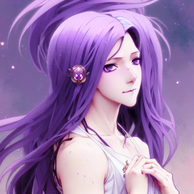 Prompt: anime girl with flowing lavender hair, purple eyes and white dress, black jewellery, profile photo, digital artwork, very beautiful face, pretty smile, extremely detailed art by greg rutkowski and alphonse mucha