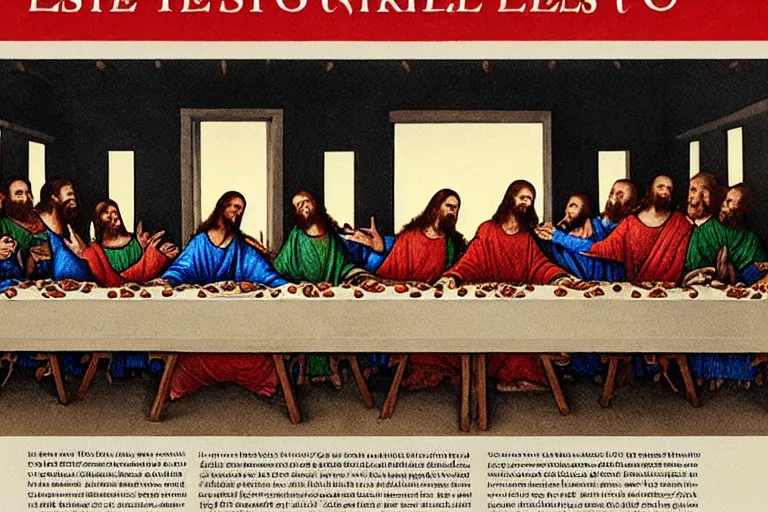 Image similar to tasteless magazine ad of the last supper in a taco bell