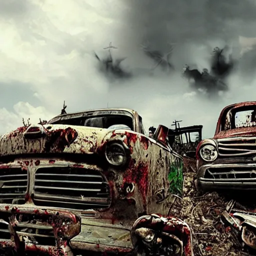Prompt: zombie apocalipse junkyard, scrapyard, apocaliptic, cinematic