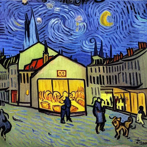 Image similar to dog eating croissants in paris, painted by van gogh