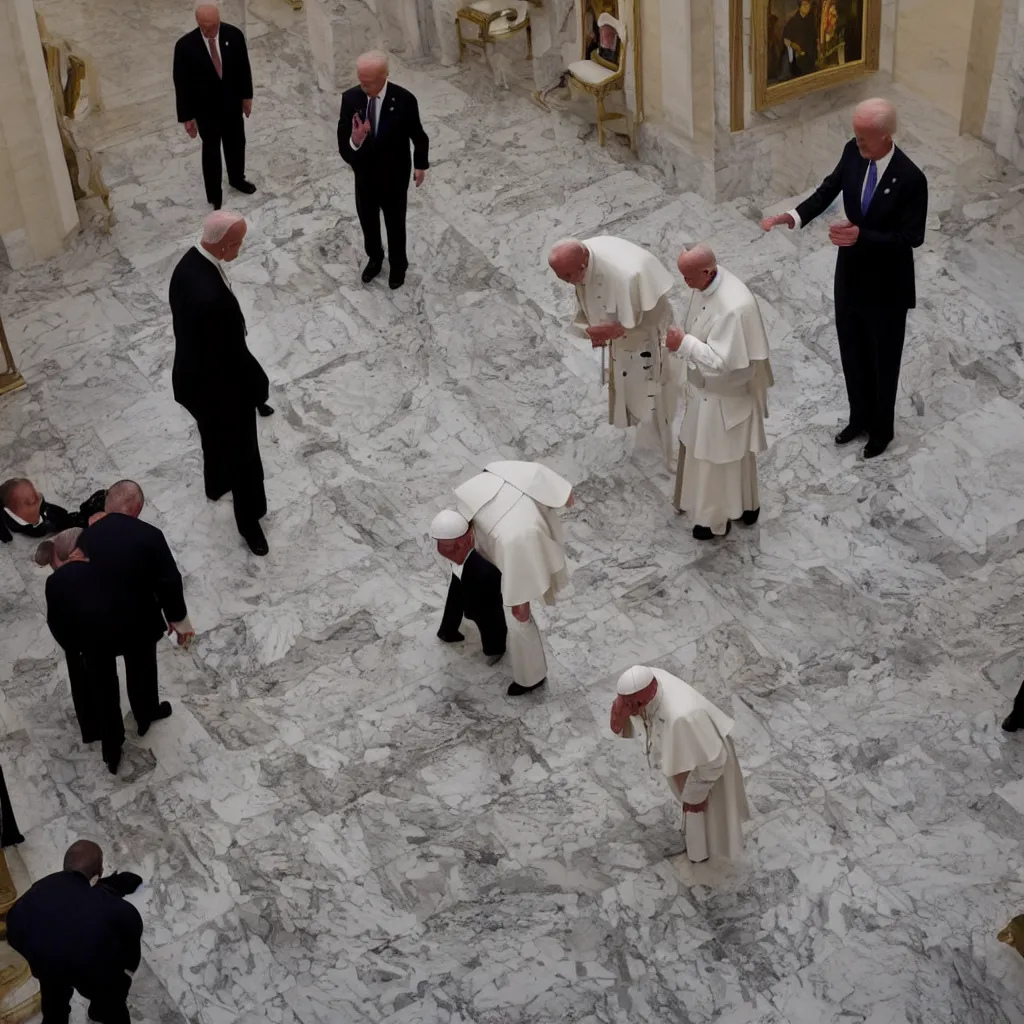 Prompt: Poopy pants joe Biden defecating in front of the pope in the Vatican award winning 35 millimeter photo by pete souza