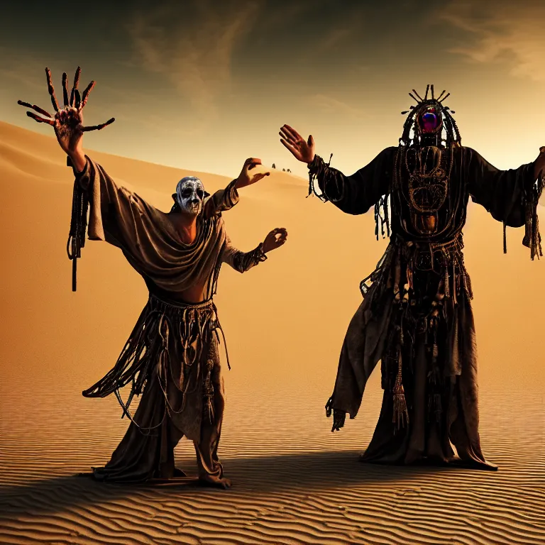 Prompt: A techno-magical shaman in shamanistic robes performs a ritual to resurrect a dead mechanical horse in a huge steely ancient ruins covered in dunes of sand. Masterpiece, fantasy art, future, cinematic, hyperdetailed, sigils, photorealistic, cyberpunk, postapocalyptic, steampunk, hyperrealism, octane rendering, 8k, depth of field, bokeh, shadows, oil painting by Rembrandt