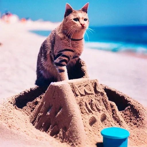 Image similar to photo of cat making a sand castle on the beach, cinestill, 8 0 0 t, 3 5 mm, full - hd